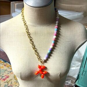 Iridescent Balloon Dog on Colorful Beaded Necklace with Gold Chain